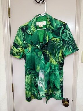 *VTG* Escada Margaret’s Ley Green Leaf-Print Short Sleeve Suit Top
